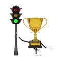 Golden Award Winner Trophy Mascot Person Character with Traffic Green Light. 3d Rendering