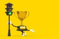 Golden Award Winner Trophy Mascot Person Character with Traffic Green Light. 3d Rendering