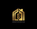 Golden B Letter Logo. Minimalist gold house shape with negative B letter, Real Estate Building Icon Design