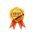 Golden badge with red tape, glossy best seller icon on white