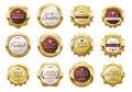 Golden badges, premium quality emblems, luxury seal labels. Realistic gold medal badge, vintage elegant product stamp Royalty Free Stock Photo