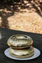 Golden bagels on table