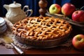 golden baked apple pie with a lattice crust