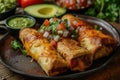 Golden baked chicken enchiladas topped with melted cheese and cilantro on wooden board