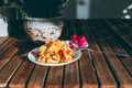 Golden Baked Curry Plated on Wood Table