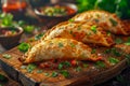 Golden Baked Empanadas on Wooden Board with Salsa and Parsley Garnish in Rustic Kitchen Setting