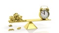 Golden balance scale with currency symbols and alarm clock Royalty Free Stock Photo