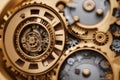 Golden ball bearings and gears in clockwork Royalty Free Stock Photo