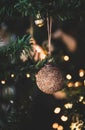 Golden ball on Christmas, New Year festive decorated fur tree Royalty Free Stock Photo