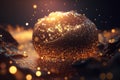Golden ball on a dark background with bokeh lights. Gold glitter dust defocused texture. Abstract sparkle particle bokeh Royalty Free Stock Photo