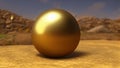 The golden ball lies on the brown muddy ground. A lost piece of jewelry is lying on a deserted land. Generated AI.