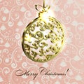 Golden ball with a pattern on pendant, gorgeous Christmas card with festive elements
