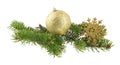 golden ball and golden snowflake with a branch of Christmas tree isolated Royalty Free Stock Photo