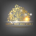 Golden ball toy on the transparent background. Ball with floral texture. Happy new year 2020 holiday card. Template for