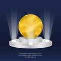 Golden ball trophy with golden background on the podium. winner announcement. poster template. web promotion.