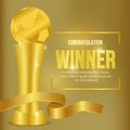 Golden ball trophy on the podium with gold background. announcement winner template. success story. vector illustration.