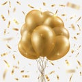 Golden balloons bundle, and falling confetti. Winner concept.