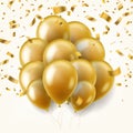 Golden balloons with falling gold ribbons. Realistic shiny festive decor elements, balloon and confetti, birthday party Royalty Free Stock Photo