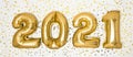 Golden 2021 balloons. Gold metallic foil numbers for Happy New Year celebration on white background with confetti stars