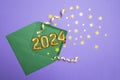 Golden balloons 2024 number emerging from a green envelope with yellow star shaped confetti on purple background Royalty Free Stock Photo