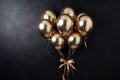 Golden balloons with ribbon on black background, top view. Space for text, Gold balloon bunch on a black wall background, AI Royalty Free Stock Photo