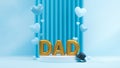 Golden Balloony DAD Text with Flying Blue Hearts on Light Blue Stage or Round Podium for Father Day Celebration