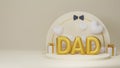 Golden Balloony DAD Text with Gift Boxes and Bow Tie on Circular Stage or Podium for Father Day Celebration Concept. 3D