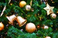 Golden balls, a star and big bells as a decoration for the New Years celebration. Winter christmas tree in the snow with bauble