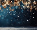 Golden balls, star garland on a blue night snowy background. Christmas banner.Copy space for text Royalty Free Stock Photo