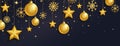 Golden balls, stars and snowflakes garland on long banner. Luxury hanging baubles with ribbon. Christmas 3d gold glass Royalty Free Stock Photo