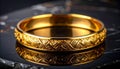 Golden bangle with intricate Celtic knotwork design on black marble surface Royalty Free Stock Photo