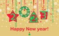 Golden banner with red green hanging cut out decoration with paper fir, wreath, gift box, star and colorful streamer for 2023 New