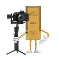 Golden Bar Cartoon Person Character Mascot with DSLR or Video Camera Gimbal Stabilization Tripod System. 3d Rendering Royalty Free Stock Photo