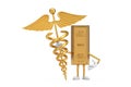 Golden Bar Cartoon Person Character Mascot with Golden Medical Caduceus Symbol. 3d Rendering