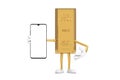 Golden Bar Cartoon Person Character Mascot and Modern Mobile Phone with Blank Screen for Your Design. 3d Rendering Royalty Free Stock Photo