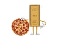 Golden Bar Cartoon Person Character Mascot with Tasty Pepperoni Pizza. 3d Rendering