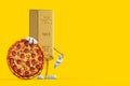 Golden Bar Cartoon Person Character Mascot with Tasty Pepperoni Pizza. 3d Rendering