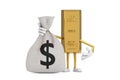 Golden Bar Cartoon Person Character Mascot and Tied Rustic Canvas Linen Money Sack or Money Bag with Dollar Sign. 3d Rendering