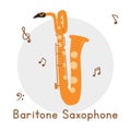 Golden baritone saxophone clipart cartoon style. Simple cute saxophone brass musical instrument flat vector illustration