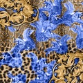 Golden Baroque with Blue Flowers on Mixed Animals Skin Ready for Textile Prints. Royalty Free Stock Photo