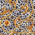 Golden baroque chain glamour leopard seamless pattern. Watercolor hand drawn fashion gold and animal texture