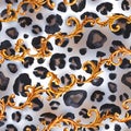 Golden baroque chain glamour leopard seamless pattern. Watercolor hand drawn fashion gold and animal texture Royalty Free Stock Photo