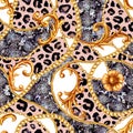 Golden baroque chain glamour leopard seamless pattern. Watercolor hand drawn fashion gold and animal texture