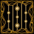 Golden Baroque with Chains on Black Background. Modern Style Pattern Ready for Textile. Scarf Design for Silk Print. Royalty Free Stock Photo