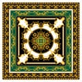 Golden Baroque with Chains on Black and Green Background. Modern Style Pattern Ready for Textile. Scarf Design for Silk Print. Royalty Free Stock Photo