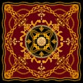 Golden Baroque with Chains on Dark Red Background. Versace Style Pattern Ready for Textile. Scarf Design for Silk Print. Royalty Free Stock Photo