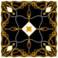 Golden Baroque with Chains. Indian Style Scarf Design for Silk Print. Black Background. Modern Pattern Ready for Textile. Royalty Free Stock Photo