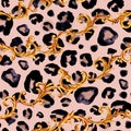 Golden baroque elements glamour leopard cheetah seamless pattern illustration