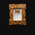 A golden Baroque frame in and a royal crown on a black and white background. Royalty Free Stock Photo