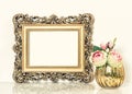 Golden baroque picture frame and roses flowers bouquet. Retro st Royalty Free Stock Photo